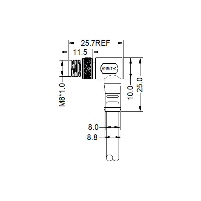 M8 3pins A code male right angle molded cable, unshielded, PVC, -10°C~+80°C, 24AWG 0.25mm²